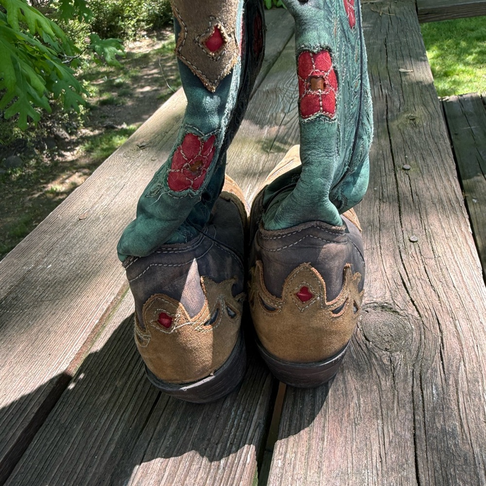 Dan Post Teal and Brown Embroidered Western Heeled Boots with Red Floral Accents - Picture 6 of 8